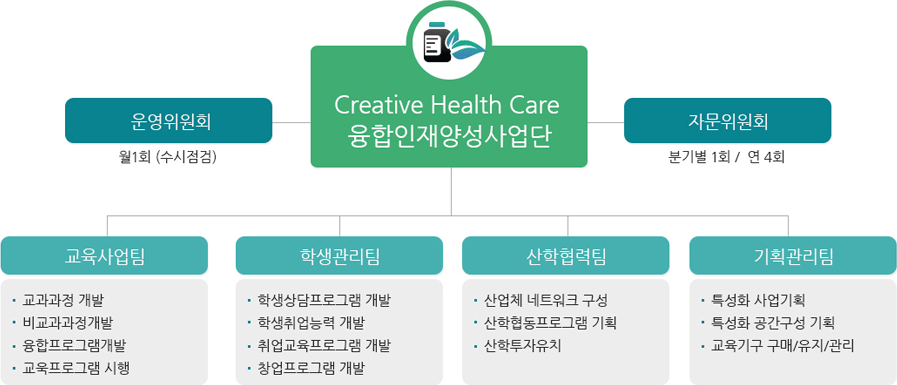 Creative Health Care 융헙안쟈영성사업단 / -운영위원회(월1회/수시점검), 자문위원회(분기별 1회/연 4회) / -교육사업팀(교과과정 개발, 비교과과정 개발, 융합프로그램 개발, 교육프로그램 시행), -학생관리팀(학생상담프로그램 개발, 학생취업능력 개발, 취업교육프로그램 개발, 창업프로그램 개발), -산학협력팀(산업체 네트워크 구성, 산학협동프로그램 기획, 산학투자유지), -기획관리팀(특성화 사업기획, 특성화 공간구성 기획, 교육기구 구매/유지/관리)